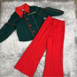 Vintage Sears Toddler Girls Red Green Polyester Shirt Pant Set 1970s Fall